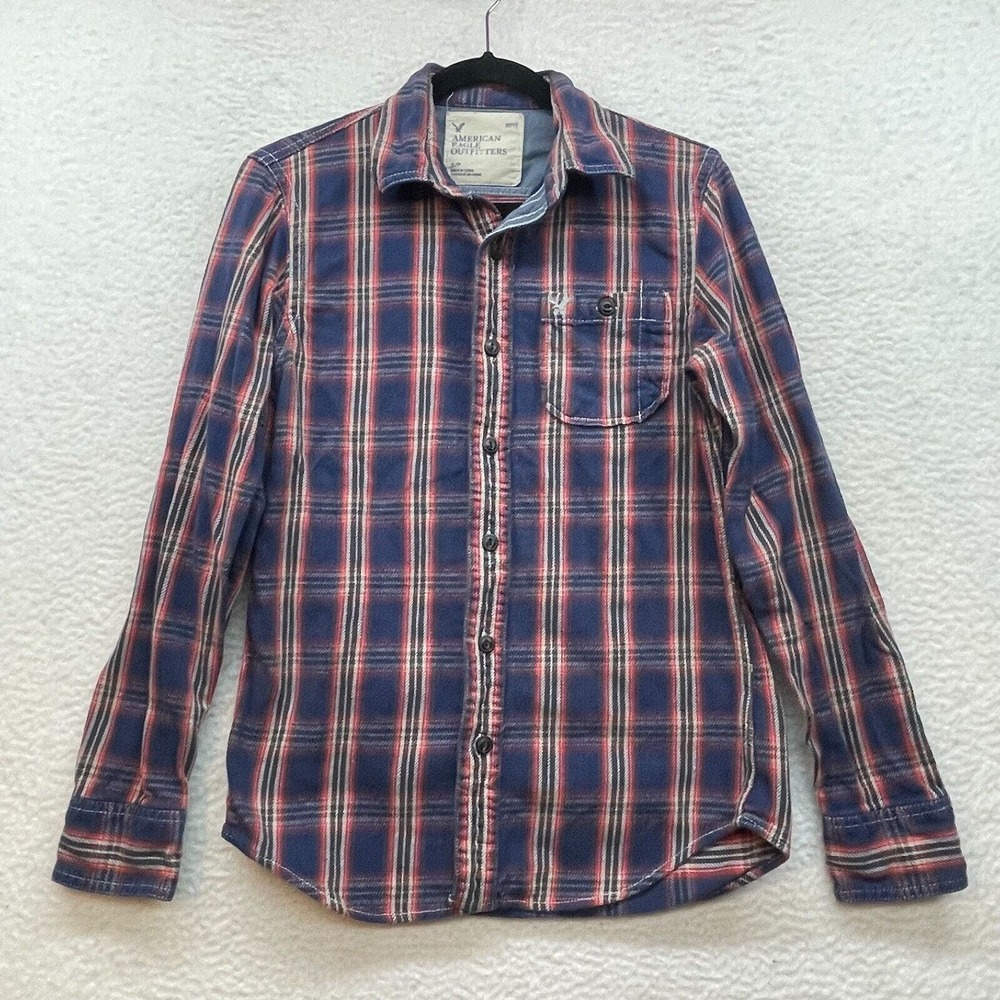 American Eagle Shirt Mens Small Red Blue Plaid Flannel Heavyweight Lumberjack